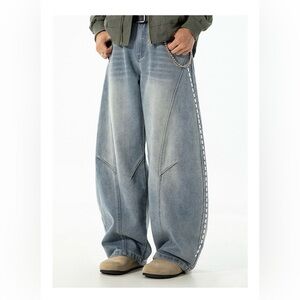 men Retro Blue Denim Jeans Wide Leg Loose‎ Fit Punk Hip Hop Pants Trousers 32